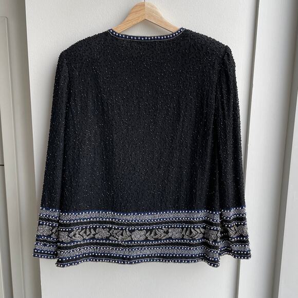 90s Vintage Beaded 100% Silk Evening Jacket Size S Black Blue Party Glam - Picture 15 of 15